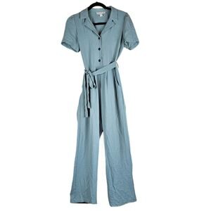 Monteau Los Angeles Blue Jumpsuit Wide Leg Button Down Shirt Collar‎ S